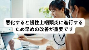 悪化すると慢性上咽頭炎に進行するため早めの改善が重要です副鼻腔炎(蓄膿症)は悪化すると細菌やウイルスの進行が進み上咽頭炎(慢性上咽頭炎)という病気に発展する可能性があります。
上咽頭炎は鼻汁や後鼻漏など蓄膿症の症状だけでなく自律神経系の不調(頭痛、めまいなど)も引き起こす病気です。

副鼻腔と上咽頭は解剖学的に近い位置にあるためどちらも相互に症状が進行して病気に発展しやすい傾向にあるため注意が必要です。

※上咽頭炎(慢性上咽頭炎)については別のページで解説しています。
　詳細な情報は下記のリンクからご覧ください。