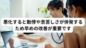 悪化すると動悸や息苦しさが併発するため早めの改善が重要ですこのような背中の痛みが悪化すると「心臓がバクバクする」「息が苦しい」といった動悸の症状が起こる可能性が高まります。

背中には交感神経幹(こうかんしんけいかん)と呼ばれる自律神経の中でも交感神経に関わる筋肉や神経が集まっています。
この交感神経幹が筋肉の疲労によって刺激されると交感神経が過剰に興奮してしまい、背中の痛みだけでなく、循環器系にも悪影響を及ぼします。

その症状(反応)が動悸や息苦しさといった不調を引き起こします。
そのため寝起きに起こる背中の痛みが起きた場合は悪化を予防するためにも早期に改善することが重要です。

※背中の痛みによる動悸については別のページで解説しています。
　詳細な情報は下記のリンクからご覧ください。