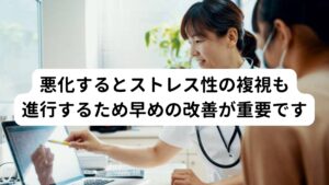 悪化するとストレス性の複視も進行するため早めの改善が重要ですこのような心因性視覚障害の慢性化や悪化は「ストレスを感じると物が二重に見える」というストレス性複視へと進行する可能性があります。
複視の症状自体は心因性視覚障害でもよく起こるのですが、悪化すると複視になる頻度や強さが高まるなどして不快感が強くなります。

そのため心因性視覚障害と診断を受けた時はストレス性の複視への悪化を予防するためにも早期に改善することが重要です。

※ストレス性の複視については別のページで解説しています。
　詳細な情報は下記のリンクからご覧ください。