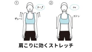 【対処法①】ストレッチをする朝起きたときに肩が凝っていると疲れが取れずに、日中の活動にも支障が出る可能性があります。
次の対処法で、肩の重さや緊張を和らげましょう。
【肩こりストレッチ】
①息を吸いながら肩をしっかりと上に持ち上げる(肩をすくませる)
②息を一気に吐きながら肩の力を抜いてストンと落とす
①～②を10回程度リズムよく繰り返してください。