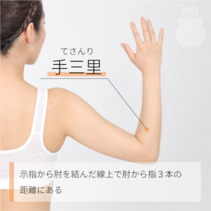 ・手三里(てさんり)
場所:肘関節にできるシワから約5cm下で、押すと響くところ