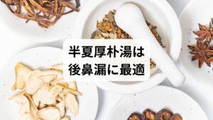 まず結論からお伝えします。漢方薬の半夏厚朴湯は、以下のようなタイプの後鼻漏に極めて高い効果を発揮します。

・喉に「梅干しの種」が詰まったような違和感（梅核気）がある
・ストレスを感じると症状が悪化する
・検査をしても喉に明らかな異常（ポリープ等）が見つからない
・不安感や動悸、不眠などを伴うことがある

後鼻漏は単なる鼻の問題ではなく、自律神経の乱れによって喉の感覚が過敏になっているケースが多々あります。半夏厚朴湯は、漢方でいう「気（エネルギー）」の巡りを整え、喉のつかえを物理的・精神的な両面から取り除いてくれる処方です。