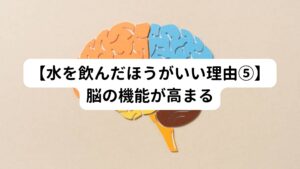 血液が酸素を脳に送るために水が必要不可欠です。
また、水分によって身体の電解質を高水準で保つことができるため、脳と神経の伝達がスムーズにすることができます。

適度な水分を維持できると脳、神経、各器官の相互の伝達がスムーズになります。
それにより身体の免疫力も高まり、ウイルスや細菌などの感染から守ることができるようになります。

また水を毎日1~1.5ℓ程度を摂取する事で認知力の機能が30％UPするという研究結果も出ています。
脳に一定量の酸素を送ることで脳の認知力が高めることができます。