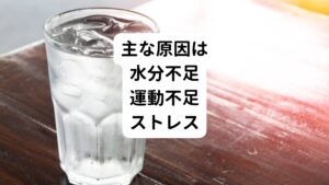 便秘は何か一つの原因ではなく、さまざまな要因が複合的に重なって引き起こされると考えられます。
その中でも以下の3つが主に関係しています。


①水分不足
水分が不足していると腸に潤いがなくなり便が硬くなって腸内をスムーズに移動できなくなります。
②運動不足
運動不足は自律神経を介した腸の蠕動運動を鈍らせ、便秘を引き起こしやすくします。
また、運動不足や加齢などで腹筋の筋力が弱まると、便を排泄する筋力も低下するため、便秘になりやすいです。
③ストレス
ストレスを感じると交感神経が優位に働いてしまい、胃腸の動きが悪くなってしまいます。
胃腸の動きは、副交感神経の働きによって活発になります。