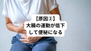 運動不足、水分不足、食物繊維不足、腹筋力の低下、極端なダイエットなど、生活習慣の乱れによって大腸に運動機能が低下すると便秘が起こります。