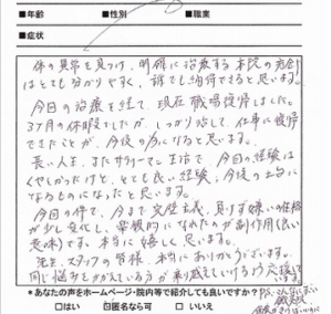 【施術内容と改善までの経過】
男性 東京都 在住
【主訴】
適応障害(3か月前)
睡眠障害(3か月前)
【薬の服薬】
抗不安薬
睡眠薬
【問診と検査】
仕事による心身の過労による適応障害と交感神経の過緊張による睡眠障害が起きている状態。首や肩、背中の広範囲に筋肉の過緊張が起きており、交感神経の過緊張の反応が目立って起きている。抗不安薬と睡眠薬の影響により、寝起きは悪く一日中倦怠感と頭重感がある。心理的なストレスも強く抱えているため、副交感神経の働きを優位にし、心身の緊張をとることが主な目的となる。
【施術内容と経過】
初回：「なるべく早く仕事に復帰したい」との強い要望があったが、今の身体の状態をしっかりと説明し納得してもらったうえで早くても3ヶ月はかかることを理解してもらう。初回は仰向けのみの鍼灸治療で手足と頭部に施術を行い、興奮した交感神経を鎮静させることを主にする。
2回目～3回目：やや睡眠の質が高まり寝起きの倦怠感や頭重感が軽くなる。仕事のことを考えると動悸がするということなので、まだ適応障害の症状が残っていることが伺える。
4回目～5回目:日中の動悸や不安感など適応障害の症状が緩和されてきている。医師との相談で抗不安薬に関しては頓服に切り替えて、症状が辛い時のみに服用するかたちに変更する。
6回目～7回目：日中の動悸や不安感の症状が落ち着き、精神的にも安定してきている。睡眠に関しては寝付きが良くなり、スムーズに眠れているため医師と相談し睡眠薬の減薬をする予定。
8回目～9回目：適応障害、睡眠障害どちらも1割程度の症状が残存している。復帰に向けて会社と相談するとのこと。
10回目～11回目:ほぼ適応障害と睡眠障害の症状が改善されている。精神的にも安定しており気分の落ち込みや不安感も出現していないため鍼灸治療を終了する。

【今回の症例の考察】
適応障害は心療内科や精神科領域で治療が行われますが、主に薬物療法を中心とした治療であるため根本的な治療まで至らず完治までに時間がかかることがあります。しかし、今回の患者様のケースのように、詳しく身体の状態を調べて適切に施術を行えば3ヶ月でしっかり完治し解消させることが可能です。毎度、身体の変化を見極めて不要な服用している薬物を減薬や断薬し、自然治癒力を向上させることが適応障害や睡眠障害の解消に重要です。今回も回復の兆候を見極めて、減薬を行うように勧めました。