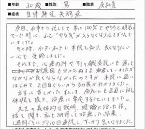 【施術内容と改善までの経過】
30歳男性 神奈川県在住
【主訴】
適応障害(3か月前)
自律神経失調症(3か月前)
【薬の服薬】
抗うつ薬
睡眠薬
【問診と検査】
仕事の過労により体調を崩し、心療内科にて適応障害と診断を受けて3か月前から休職している。また自律神経失調症の症状が起きており、主に睡眠障害、頭痛、気分のふさぎ込み、不安感、動悸などがある。心療内科で抗うつ薬と睡眠薬を処方され服用しているが1か月経っても緩解せず。また3ヶ月前に約1か月ほど別の鍼灸院で治療を受けていたが、症状にとくに変化がみられなかった。当院で改めて検査をしたが、交感神経の過緊張により首や肩に強い筋緊張が起きている。また気分も鬱々としている。
【施術内容と経過】
初回：身体の緊張が強く緊張性頭痛が出現していた。そのため首や肩の筋肉の緊張を緩和させつつ、自律神経系の安定をはかる鍼灸治療を行う。
2～3回目：前回の鍼灸治療から頭痛は解消される。また睡眠も寝付きが良くなりある程度ぐっすりと眠れるようになる。まだ動悸と気分のふさぎ込みが残存。
4～5回目: 本人の感覚的に睡眠がとれるようになってから不安や動悸が減ってきたとのこと。快方に向かっているため、抗うつ薬と睡眠薬の減薬を医師と相談するよう勧める。
6～7回目：不安感や動悸が初回よりも3割程度まで改善されている。減薬も順調であり、気分も高まって適度が運動が始められるようになる。
8～9回目：適応障害、自律神経失調症の症状が2割程度残存。仕事への意欲も高まっているため医師と会社の産業医と相談し復職の目途が立つ。
10回目:ほぼ完治したため終了。復職後は体調を考慮して半日勤務からスタートするとのこと。


【今回の症例の考察】
過労による適応障害と自律神経失調症の方の場合、発症させるきっかけに頚性うつ症と呼ばれる「首の筋肉のこりによって自律神経失調症になり精神障害が起こる」というものがあります。今回の患者様はそれが当てはまりました。初回の問診と検査のときに首や肩の筋肉の過緊張がみられ、尚且つ緊張性頭痛も起きており、首への負担が高いことがわかります。そのため頚性うつ症ではないかという推測が立ちました。とはいえ、首の過緊張による精神障害だけでなく、蓄積された慢性的な心身の疲労もあるため、首だけでなく全身の疲労を解消させることも重要でした。また必要以上に抗うつ薬や睡眠薬の服用もあったため、快方に向かったタイミングで減薬を促し、薬物による身体への負担を軽減させることで回復が早まったのだと考えられます。