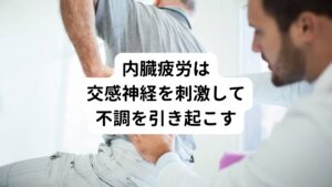 この内臓の疲労が自律神経に影響するメカニズムは
「内臓の疲労がある→脊髄に内臓の痛みとして信号が伝えられる→脊髄が交感神経細胞に痛みを伝える」といったメカニズムになります。
内臓疲労はとくに交感神経を刺激してしまい自律神経が乱れてしまいます。

この自律神経の乱れは安静でもドキドキと動悸がしたり、朝から身体が怠くて動けなかったりといった日常生活に支障が出る不調が起こります。

当院でも顎関節症を訴える患者様には、うつ症状を含めて頭痛や肩こりなどの自律神経失調症が起きている方が多い傾向です。