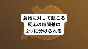 食物に対する反応はその時間経過と症状から大きく2つに分かれる。
【IgE依存型反応(青色)】
広く知られている食物アレルギーは、IgE依存型反応により起こります。
全身に遍在する食物特異的IgE抗体とマスト細胞の反応によってじんましんや呼吸困難などの症状を起こします。
多くは数分から2時間以内に発動します。

【非IgE依存型反応(赤色で示す)】
一方、非IgE依存型反応は短ければ1時間、場合によっては2週間以上経って発動します。
炎症を起こす臓器は抗原認識細胞が存在する部位（好酸球性胃腸炎であれば消化管）に限定されています。