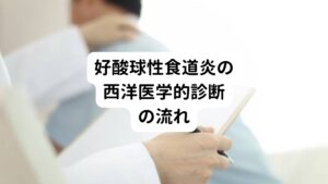 西洋医学では好酸球性食道炎は以下のように診断されます。

①食道の働きの低下を示す嚥下(えんげ)障害や食事のつかえ感などの症状がある。
②上部消化管内視鏡検査(いわゆる胃カメラ)で食道から組織を採取し、顕微鏡で観察すると好酸球が多数集まっている。
③食道に好酸球が集まる他の原因が除外できる。

食道に好酸球が集まる病気には、好酸球性食道炎以外に好酸球性胃腸炎、好酸球増多症候群、薬剤が原因となるもの、炎症性腸疾患などがあります。
これらを区別することで好酸球性食道炎と診断できます。