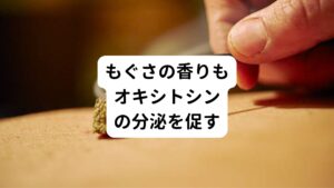 3つ目はアロマテラピー(植物由来の芳香を用いる療法)の効果です。

お灸に使われるモグサは、ヨモギの葉から作られます。
お灸の煙が醸し出す豊かな香りも、重要な役割を果たしています。

ヨモギの芳香成分をチネオールといい、人の心を落ち着かせる精神安定の効果があります。
こうした香りによって「心地よい」と感じることでも、前述したオキシトシンの分泌を促します。

現在市販されているお灸には、本来のヨモギに加えて花の香りやフルーツの香りが添加されている商品が多くあります。
お好みに合わせて選べば、お灸を据える楽しみがさらに広がることでしょう。