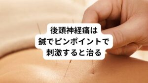 この後頭神経痛は後頭部にある後頭神経を筋肉が刺激していることが直接的な原因です。
そのためこの後頭部の部位をピンポイントに正確に鍼をし、血行を改善することができれば、痛みはすんなりと解消できます。
そのため首の緊張だけでなく肩こりも併せて鍼灸治療を行うことで症状の再発を予防することができます。

神経痛の場合、深い鍼をするとかえって痛みをひどくすることがあります。
そのため当院では浅い鍼で行います。
鍼は深く刺した方がよく効くと思っている方もおられますが、この場合は浅い鍼の方がよく効きます。