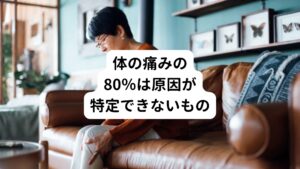 体の痛みというのは、全体のうち80％は原因が特定できないものといわれています。
それこそ、何気なく手を挙げたときに起こる右肩の痛みであれば、一回手を挙げたことで筋肉が損傷しているかというとその可能性は低いです。
このように肉体に直接ダメージを受けていなくても、痛みは起こり得るのです。