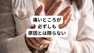 不調を感じている症状（痛みやしびれ）の原因は、必ずしも症状が出ている部分とは限りません。
これを把握しているかどうかが最も重要な原因である場合があります。
また同じ部位の痛みでも、複数の原因が絡み合っていることも決して珍しくありません。

例えば、「右の肩が痛い」という主訴の場合、右の肩自体に痛みの原因がある場合もあります。
しかし右の肩には首、背中、腰から様々な筋肉がつながっています。
そのため腰の筋肉の調子が悪くて正常な姿勢を取れないときに右肩につながる筋肉が引っ張られて右肩に異常が起こることがあります。