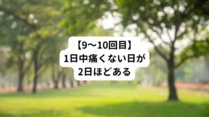 【鍼灸治療9回目】
当院初診時から２か月経過する。
1日中痛くない日が2日間あった。

【鍼灸治療10回目】
前回治療から１週間後に10回目の治療をする。
鎮痛剤（テグレトール）を朝１錠飲むと１日持つようになった。