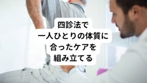 四診法（ししんほう）とは、目で見てチェックする「望診」、聴覚・嗅覚を通じてチェックする「聞診」、問いかけと応答でカウンセリングする「問診」、脈や腹の様子をチェックする「切診」からなる東洋医学の伝統的な診断方法です。

この四診を用いて全身の状態を把握し、一人ひとりの体質に合ったケアを組み立てます。
蕁麻疹の場合は体に溜まった毒素をスムーズに分解・排せつできるよう、肝臓、腎臓系を強くする鍼灸を行います。

その他、皮膚と密接な関係のある呼吸器を強くする鍼灸も実施し、蕁麻疹の出やすい体質を根本的に改善します。
それにより蕁麻疹の症状が解消していきます。