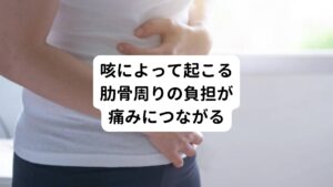 咳は体の中から異物を外へ放出するために瞬発的に高いエネルギーを消費する生理反応です。
そのため骨粗鬆症など骨が脆くなっている方が咳をすると肋骨を骨折することもあります。

そのくらい長引く咳は体力を消耗し体にダメージを与えます。
その結果として咳によって背中が痛くなることがあります。

咳は、吸い込んだ空気を肺から押し出そうと呼吸筋や肋骨の収縮する力を借りるため負荷が蓄積されて背中が痛くなります。
この背中の痛みによって筋肉が張って硬くなると体が伸ばしにくくなり、余計に息が深く吸えなくります。
この悪循環も咳を長引かせる要因につながります。