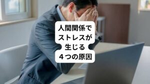 私たちは生きていく上で必ず他人とのコミュニケーションが必要になります。
人間関係でストレスを感じている人の多くは、相手とのコミュニケーションがうまくいかず悩んでいる傾向にあります。

また職場では人と関わりを持たざるを得ないことが多いため、自分ではストレスをコントロールしきれない自体も起こります。
人間関係でストレスを感じる原因には、主に以下の4つの原因があります。

・自己犠牲で自分を苦しめてしまう
・相手に期待をし過ぎてしまう
・人と比べて自己嫌悪や嫉妬が生まれる
・自分の考えや思いが伝えられない
