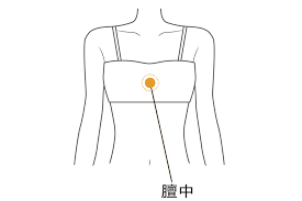 【ツボの場所】
左右乳頭を結ぶ中間点にある
【ツボの効果】
呼吸の乱れ、息苦しくなる息切れ、気持ちの高ぶりからくる動悸などを抑える効果がある
【刺激方法】
呼吸をしながら、両手の人差し指で静かに指圧する