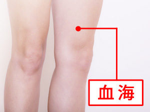 【血海の場所】
膝のお皿の内側のラインと上際のラインとの交点から指3本上の位置で押すと痛い所です。
【血海の効果】
生理を来やすくさせるツボです。
主に月経痛を和らげるツボとして利用します。
血海にお灸をすることで血が増えて血流が良くなります。
その反応が生理を来させます。
他にも貧血にも効果的です。