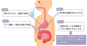 具体的には以下の流れで異変が起こります。
①冷たい水分が体内に入る
②最初に胃が冷やされる
③胃の血管が収縮し消化管の運動が妨げられる
④十二指腸や小腸に冷たい水が流れて血管が収縮し血流が悪くなる
⑤消化器官の働きが低下する
この状態で食事を摂っても栄養素を十分に吸収できなくなります。
消化吸収が悪くなると、食欲が低下し手足の冷えや体のだるさ・むくみといった夏バテにつながる一因になります。
また腸が冷えると腸内にいる免疫細胞の活動も低下し、感染症へのリスクも上がることも考えられます。