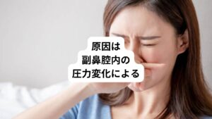 飛行機頭痛の原因は、飛行中の気圧変化による副鼻腔内の圧力変化が関係していると考えられています。
着陸や離陸時には気圧が急激に変化します。
そのため副鼻腔内の圧力が外部の圧力と釣り合わなくなり、その刺激が頭痛を引き起こすとされています。
飛行機が上空に向かうにつれて、客室の気圧が下がります。
そうすると、副鼻腔内部の空気が膨張し、副鼻腔の外に移動します。
次に着陸に向けて飛行機の高度が下がってくると、客室内の気圧が上がるため、空気が副鼻腔内部に入ろうとします。
しかし副鼻腔の出入り口が狭いために入ることができません。