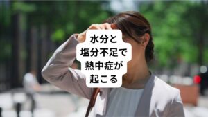 炎天下や暑い室内で長時間労働やスポーツをすると、体温を下げようと大量に汗をかくようになります。
この大量の発汗によって体内の水分・塩分が不足することで、血液の流れが悪くなります。
これにより、熱中症の初期症状である、めまいや立ちくらみ、一時的な失神といった熱失神が現れやすくなります。
この状態で適切に水分・塩分の補給、身体の冷却が行わないと脳や消化管、肝臓への血流低下、それら重要臓器自体の温度上昇により全身の倦怠感(だるさ)や頭痛、吐き気といった症状が現れやすく、後遺症として症状が残りやすくなります。