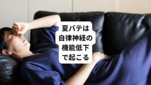 日本の夏は温度と湿度が高いため、何とか生命を維持しようと熱を逃がして体温を一定に保つ防衛本能が働きます。
この時に必要以上のエネルギーを消費して身体に負担がかかります。
とくに冷房の効いた室内と、高温多湿の屋外を出たり入ったりすると体は強いストレスを受けます。
このような状態が長く続くと、徐々に自律神経の働きが鈍化し体温調節をうまくコントロールできなくなっていきます。