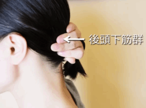 デスクワーク中に歯の痛みを感じる方におすすめです。

【後頭下筋の場所】
首の後ろの髪の生え際に左右窪みのその奥にある。

【刺激方法】　
窪みに親指を入れ、内側に向かってゆっくり深く圧迫します。
椅子に座り机に肘をついて圧迫すると、より刺激が届きやすいです。