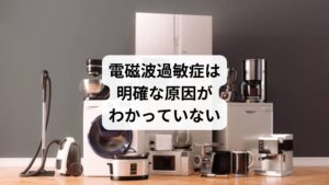 電磁波過敏症の原因は、まだ明確にはなっていません。
一方で、人体の神経や筋肉はごく微弱な電気信号を介してコントロールされているため、電磁波がこれらの体のコントロールに影響しているという見解もあります。
電磁波過敏症の発症の原因となる電磁波の発生源もさまざまで、携帯電話基地局、コンピューター、家電製品、医療機器、携帯電話、送電線などが報告されています。

しかし、世界保健機関（WHO）は、「電磁波過敏症は明確な診断基準を持たず、その症状が電磁界のばく露と関連するような科学的根拠はなく、更に医学的診断でもない。」としています。
日本の総務省も電磁波と健康障害の科学的根拠はないという見解を示しています。
しかし、引き続き医学や工学など、幅広い観点と最新の科学的知見の収集により、生体電磁環境に関する研究を継続することが明示されています。