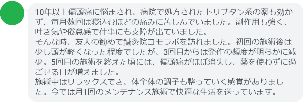 以下は、実際に鍼灸治療を受けた患者の体験談です。


患者の声：5回の鍼灸で偏頭痛が劇的に改善

「10年以上偏頭痛に悩まされ、病院で処方されたトリプタン系の薬も効かず、毎月数回は寝込むほどの痛みに苦しんでいました。副作用も強く、吐き気や倦怠感で仕事にも支障が出ていました。
そんな時、友人の勧めで鍼灸院コモラボを訪れました。初回の施術後は少し頭が軽くなった程度でしたが、3回目からは発作の頻度が明らかに減少。5回目の施術を終えた頃には、偏頭痛がほぼ消失し、薬を使わずに過ごせる日が増えました。
施術中はリラックスでき、体全体の調子も整っていく感覚がありました。今では月1回のメンテナンス施術で快適な生活を送っています。」