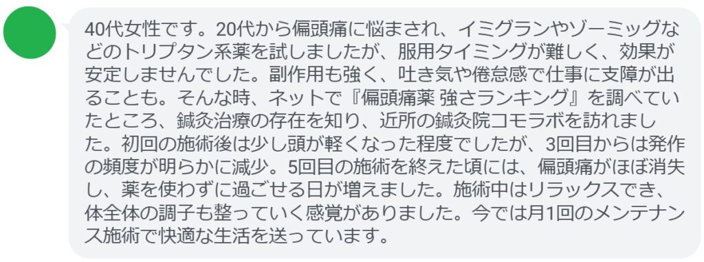患者の声：5回の鍼灸で偏頭痛が劇的に改善

「40代女性です。20代から偏頭痛に悩まされ、イミグランやゾーミッグなどのトリプタン系薬を試しましたが、服用タイミングが難しく、効果が安定しませんでした。副作用も強く、吐き気や倦怠感で仕事に支障が出ることも。そんな時、ネットで『偏頭痛薬 強さランキング』を調べていたところ、鍼灸治療の存在を知り、近所の鍼灸院コモラボを訪れました。初回の施術後は少し頭が軽くなった程度でしたが、3回目からは発作の頻度が明らかに減少。5回目の施術を終えた頃には、偏頭痛がほぼ消失し、薬を使わずに過ごせる日が増えました。施術中はリラックスでき、体全体の調子も整っていく感覚がありました。今では月1回のメンテナンス施術で快適な生活を送っています。」