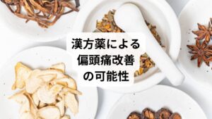 「偏頭痛漢方薬」と検索する人が増えている背景には、薬物療法だけでは十分に改善しないケースがあるからです。漢方薬は体質改善を目的とし、根本から症状を軽減する可能性があります。

代表的な漢方薬の種類と効果：

呉茱萸湯（ごしゅゆとう）：冷えや吐き気を伴う偏頭痛に有効
五苓散（ごれいさん）：水分代謝の乱れによる頭痛やめまいに効果
半夏白朮天麻湯（はんげびゃくじゅつてんまとう）：めまいを伴う頭痛に適応
釣藤散（ちょうとうさん）：高血圧傾向のある人の頭痛に効果

漢方薬は「偏頭痛 漢方薬 種類」として検索されることが多く、患者の体質に合わせて選ばれるのが特徴です。