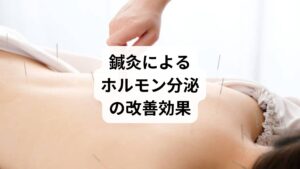 鍼灸は東洋医学の代表的な治療法であり、近年は科学的にもその効果が注目されています。

ツボ刺激による自律神経調整：鍼灸は交感神経と副交感神経のバランスを整え、ホルモン分泌 調整を助けます。
血流改善：血液循環が良くなることで、ホルモンが全身に行き渡りやすくなります。
ストレス軽減：鍼灸は心身の緊張を和らげ、ストレスホルモンの過剰分泌を抑えます。

特に女性の生理不順、更年期障害、不眠症などに効果があるとされ、臨床現場でも多くの改善例が報告されています。