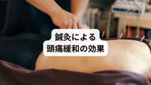 鍼灸は東洋医学の代表的な治療法であり、頭痛改善に高い効果が期待できます。

筋肉の緊張緩和：鍼で筋肉を直接刺激し、硬直を解消。
血流改善：滞った血流を促進し、酸素供給を高める。
自律神経調整：交感神経と副交感神経のバランスを整える。
ストレス軽減：施術によるリラックス効果で精神的安定を促す。


これらの作用により「頭痛緩和の効果」が持続的に得られる点が大きな特徴です。
