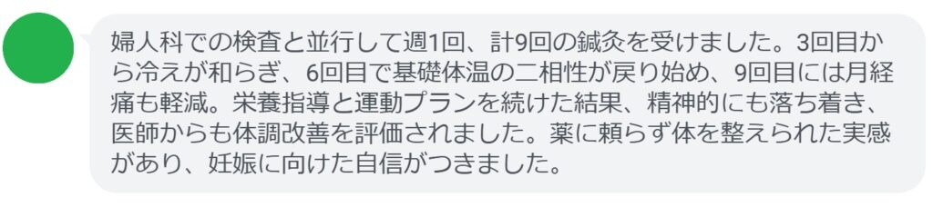 婦人科での検査と並行して週1回、計9回の鍼灸を受けました。3回目から冷えが和らぎ、6回目で基礎体温の二相性が戻り始め、9回目には月経痛も軽減。栄養指導と運動プランを続けた結果、精神的にも落ち着き、医師からも体調改善を評価されました。薬に頼らず体を整えられた実感があり、妊娠に向けた自信がつきました。