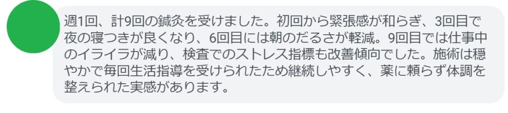 週1回、計9回の鍼灸を受けました。初回から緊張感が和らぎ、3回目で夜の寝つきが良くなり、6回目には朝のだるさが軽減。9回目では仕事中のイライラが減り、検査でのストレス指標も改善傾向でした。施術は穏やかで毎回生活指導を受けられたため継続しやすく、薬に頼らず体調を整えられた実感があります。