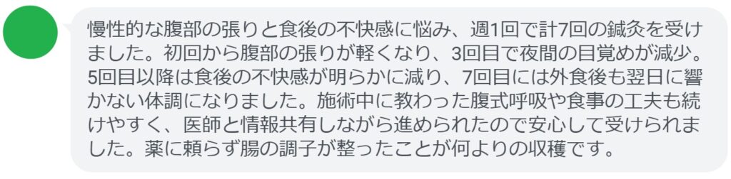 慢性的な腹部の張りと食後の不快感に悩み、週1回で計7回の鍼灸を受けました。初回から腹部の張りが軽くなり、3回目で夜間の目覚めが減少。5回目以降は食後の不快感が明らかに減り、7回目には外食後も翌日に響かない体調になりました。施術中に教わった腹式呼吸や食事の工夫も続けやすく、医師と情報共有しながら進められたので安心して受けられました。薬に頼らず腸の調子が整ったことが何よりの収穫です。
