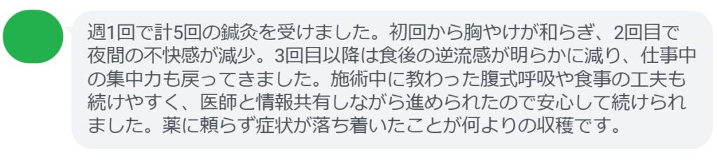 週1回で計5回の鍼灸を受けました。初回から胸やけが和らぎ、2回目で夜間の不快感が減少。3回目以降は食後の逆流感が明らかに減り、仕事中の集中力も戻ってきました。施術中に教わった腹式呼吸や食事の工夫も続けやすく、医師と情報共有しながら進められたので安心して続けられました。薬に頼らず症状が落ち着いたことが何よりの収穫です。