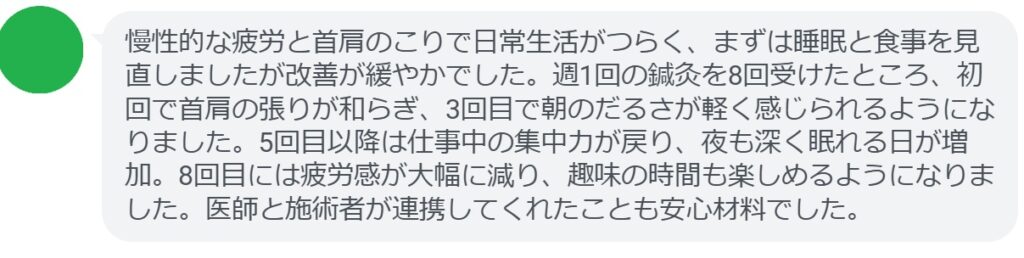 慢性的な疲労と首肩のこりで日常生活がつらく、まずは睡眠と食事を見直しましたが改善が緩やかでした。週1回の鍼灸を8回受けたところ、初回で首肩の張りが和らぎ、3回目で朝のだるさが軽く感じられるようになりました。5回目以降は仕事中の集中力が戻り、夜も深く眠れる日が増加。8回目には疲労感が大幅に減り、趣味の時間も楽しめるようになりました。医師と施術者が連携してくれたことも安心材料でした。
