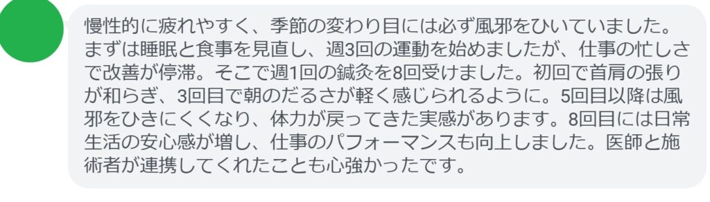 慢性的に疲れやすく、季節の変わり目には必ず風邪をひいていました。まずは睡眠と食事を見直し、週3回の運動を始めましたが、仕事の忙しさで改善が停滞。そこで週1回の鍼灸を8回受けました。初回で首肩の張りが和らぎ、3回目で朝のだるさが軽く感じられるように。5回目以降は風邪をひきにくくなり、体力が戻ってきた実感があります。8回目には日常生活の安心感が増し、仕事のパフォーマンスも向上しました。医師と施術者が連携してくれたことも心強かったです。