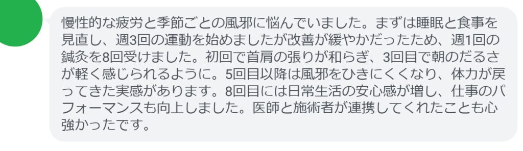 慢性的な疲労と季節ごとの風邪に悩んでいました。まずは睡眠と食事を見直し、週3回の運動を始めましたが改善が緩やかだったため、週1回の鍼灸を8回受けました。初回で首肩の張りが和らぎ、3回目で朝のだるさが軽く感じられるように。5回目以降は風邪をひきにくくなり、体力が戻ってきた実感があります。8回目には日常生活の安心感が増し、仕事のパフォーマンスも向上しました。医師と施術者が連携してくれたことも心強かったです。