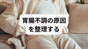 胃腸の不調は単一の原因ではなく、食事内容・生活リズム・ストレス・薬剤・基礎疾患が複合して現れます。まずは1週間の記録をつけてください。記録項目は（1）食事内容と時間、（2）排便の回数と性状、（3）睡眠時間と質、（4）症状の発生時間と強度（0〜10）。臨床では、この可視化だけで原因が明確になり、対処法が絞れることが多くあります。例えば「夜遅い脂っこい食事→翌朝の膨満感」が頻出するケースは、就寝前の食事調整で改善することが多いです。