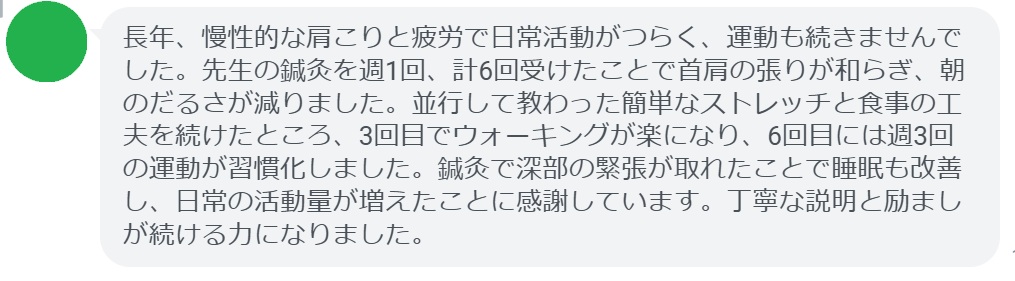 長年、慢性的な肩こりと疲労で日常活動がつらく、運動も続きませんでした。先生の鍼灸を週1回、計6回受けたことで首肩の張りが和らぎ、朝のだるさが減りました。並行して教わった簡単なストレッチと食事の工夫を続けたところ、3回目でウォーキングが楽になり、6回目には週3回の運動が習慣化しました。鍼灸で深部の緊張が取れたことで睡眠も改善し、日常の活動量が増えたことに感謝しています。丁寧な説明と励ましが続ける力になりました。