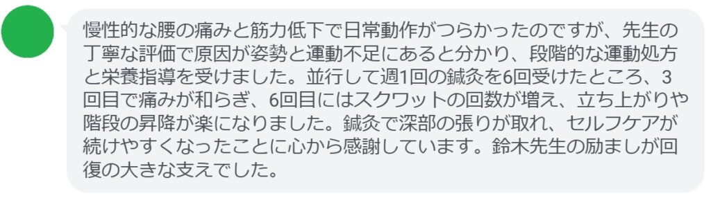 慢性的な腰の痛みと筋力低下で日常動作がつらかったのですが、先生の丁寧な評価で原因が姿勢と運動不足にあると分かり、段階的な運動処方と栄養指導を受けました。並行して週1回の鍼灸を6回受けたところ、3回目で痛みが和らぎ、6回目にはスクワットの回数が増え、立ち上がりや階段の昇降が楽になりました。鍼灸で深部の張りが取れ、セルフケアが続けやすくなったことに心から感謝しています。鈴木先生の励ましが回復の大きな支えでした。