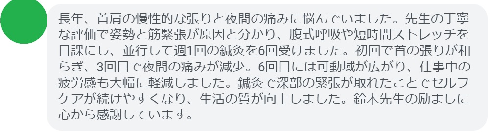 長年、首肩の慢性的な張りと夜間の痛みに悩んでいました。先生の丁寧な評価で姿勢と筋緊張が原因と分かり、腹式呼吸や短時間ストレッチを日課にし、並行して週1回の鍼灸を6回受けました。初回で首の張りが和らぎ、3回目で夜間の痛みが減少。6回目には可動域が広がり、仕事中の疲労感も大幅に軽減しました。鍼灸で深部の緊張が取れたことでセルフケアが続けやすくなり、生活の質が向上しました。鈴木先生の励ましに心から感謝しています。