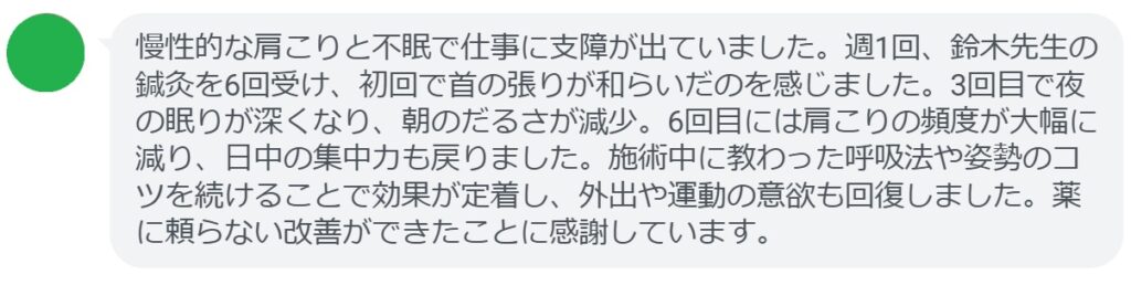 慢性的な肩こりと不眠で仕事に支障が出ていました。週1回、鈴木先生の鍼灸を6回受け、初回で首の張りが和らいだのを感じました。3回目で夜の眠りが深くなり、朝のだるさが減少。6回目には肩こりの頻度が大幅に減り、日中の集中力も戻りました。施術中に教わった呼吸法や姿勢のコツを続けることで効果が定着し、外出や運動の意欲も回復しました。薬に頼らない改善ができたことに感謝しています。