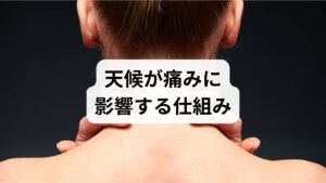 天気が崩れる際に肩こりや背中の痛みが悪化するのは、主に気圧・気温・湿度の変化が自律神経に影響を与えるためです。最も大きな要因は気圧の低下です。気圧が下がると、耳の奥にあるセンサー（内耳）が過敏に反応し、脳へストレス信号を送ります。これにより交感神経が過剰に興奮し、血管が収縮して全身の血行不良を招きます。その結果、酸素不足になった筋肉に疲労物質が溜まり、鋭い痛みや重だるさを引き起こすのです。また、寒暖差による筋肉のこわばりや、高湿度による体内の「むくみ」も神経を圧迫する要因となります。これらの複合的なメカニズムが、いわゆる「気象痛」の正体です。まずはこの仕組みを理解し、適切な改善策を取ることが大切です。