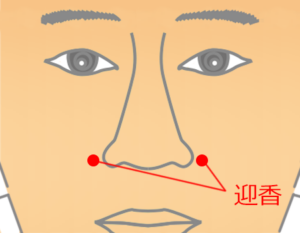 私たちの身体には、健康を整える「ツボ」が数多く点在しています。鍼灸治療ではこれらのツボを専門的に活用しますが、ご自身で刺激するセルフケアも、後鼻漏（こうびろう）の症状改善に非常に効果的です。ここでは、鼻の通りをスムーズにするオススメのツボを2つご紹介します。

①迎香（げいこう）
小鼻のすぐ脇、ほうれい線上に位置するツボです。押し方にコツがあり、眉毛の方へ向かって「斜め45度」の角度で力を加えるのがポイント。3秒間ゆっくり押して離す動作を5回1セットとし、一日に4〜5回行いましょう。

②印堂（いんどう）
左右の眉間の中央にあり、押すと「痛気持ちいい」と感じる部分です。ここは中指の腹を使い、円を描くように優しくマッサージします。時計回りに10回、反時計回りに10回を3セット。こちらも一日4〜5回を目安に継続することで、鼻の奥の不快感や喉への流れを和らげます。
