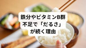 しつこい倦怠感の背景には、エネルギー産生に不可欠な栄養不足が隠れています。特に鉄分やビタミンB群、亜鉛が不足すると、細胞が活力を生み出す力が低下し、慢性的なだるさを引き起こします。女性は月経による鉄分不足から貧血気味になりやすく、それが解消されない疲れに直結することも少なくありません。また、意外な盲点が水分不足です。体内の水分が足りないと血流が悪化し、酸素や栄養が全身に届かず疲労が蓄積しやすくなります。バランスの良い食事とこまめな水分補給を意識し、体内環境を整えることが、重い身体を軽くする第一歩です。